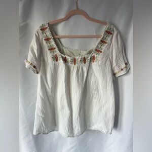 Women’s BODEN White Gauze 100% Cotton Embroidered Square Neck Top